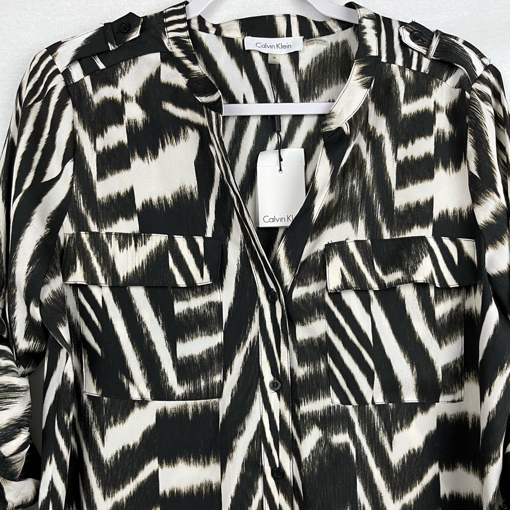 Calvin Klein Patterned Roll-Sleeve Button-Down Blouse with Double Breast Pocket